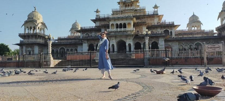 Blue Cotton Kalidar Gota Kurta with Off White Hand Block Printed Palazzo and Mulmul Dupatta- Set of 3