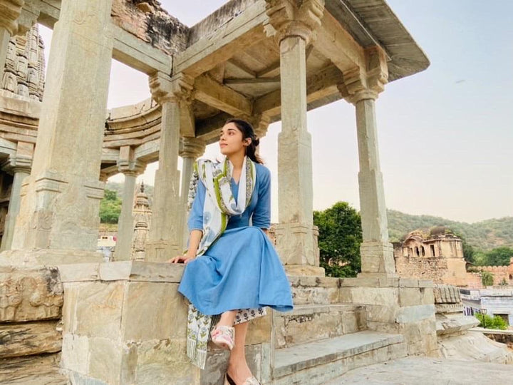 Blue Cotton Kalidar Gota Kurta with Off White Hand Block Printed Palazzo and Mulmul Dupatta- Set of 3