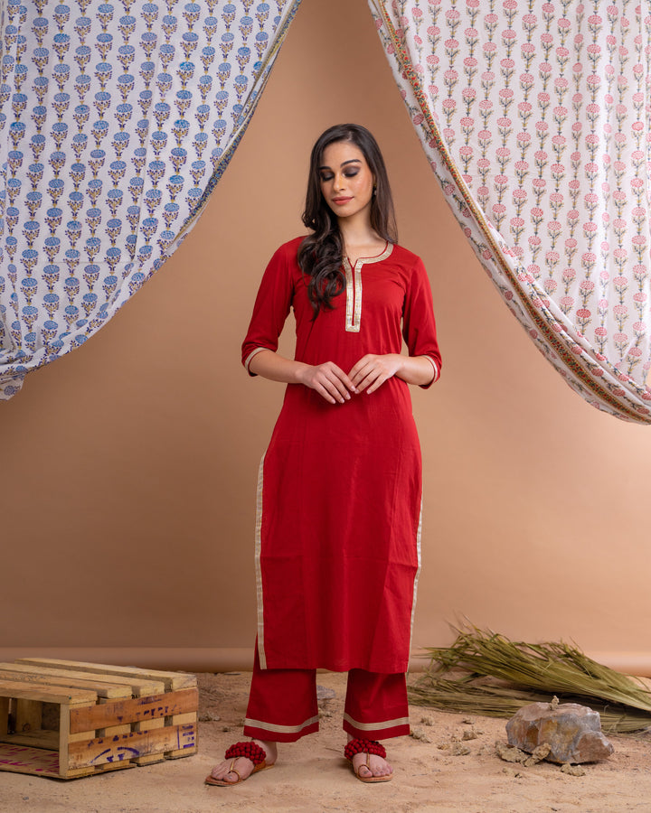 Red Cotton Gota Suit With Off White Hand Block Printed Mulmul Dupatta