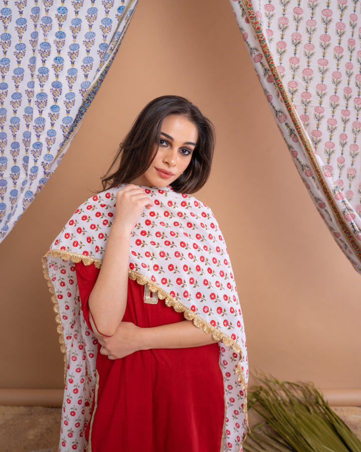 Red Cotton Gota Suit With Off White Hand Block Printed Mulmul Dupatta