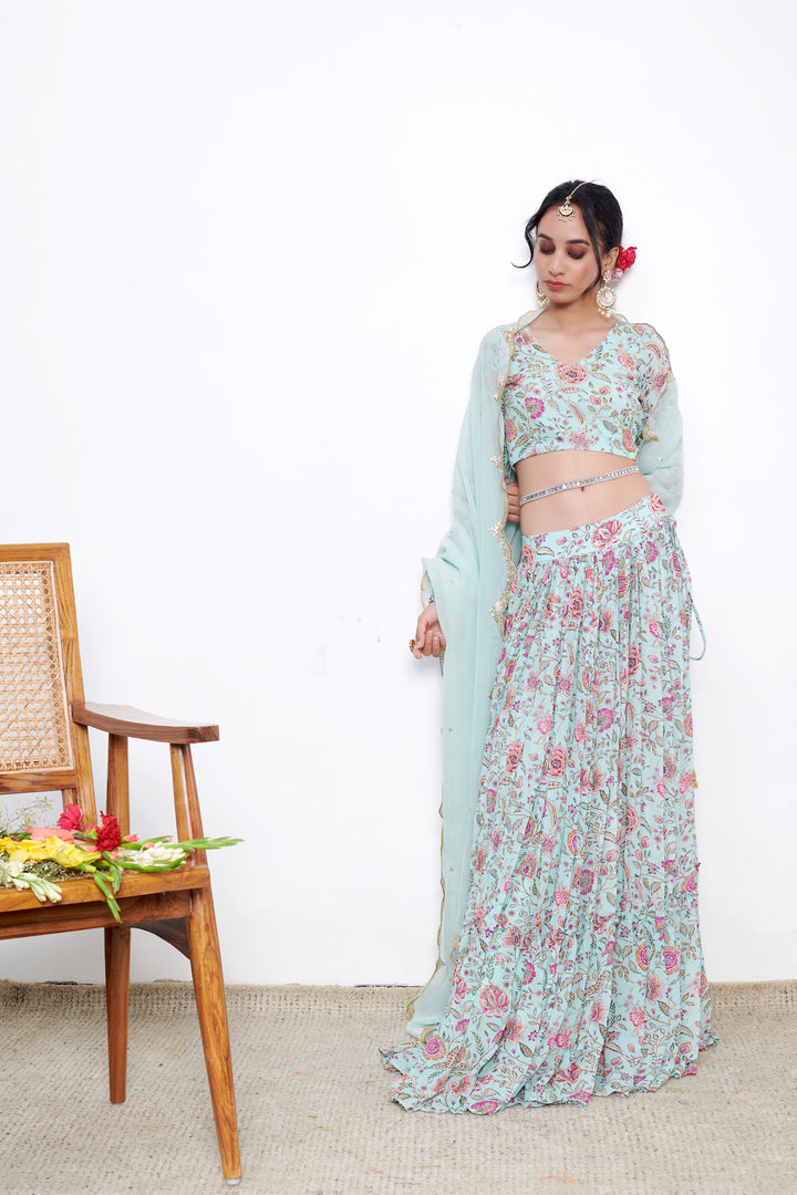 Raag Aqua Blue Floral print Lehenga with Floral print Blouse and Dupatta - Set of 3