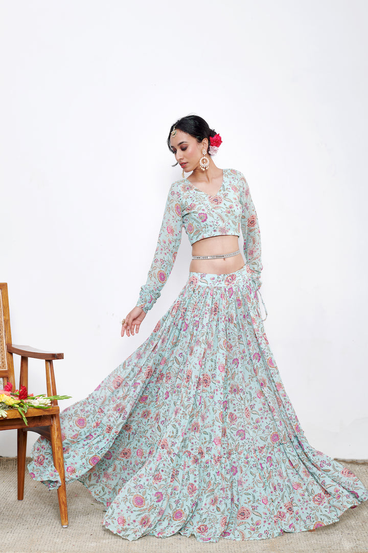 Raag Aqua Blue Floral print Lehenga with Floral print Blouse and Dupatta - Set of 3