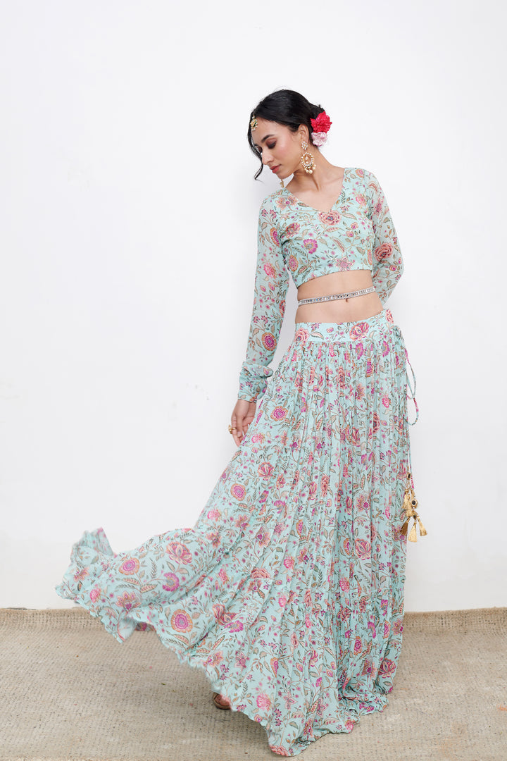 Raag Aqua Blue Floral print Lehenga with Floral print Blouse and Dupatta - Set of 3