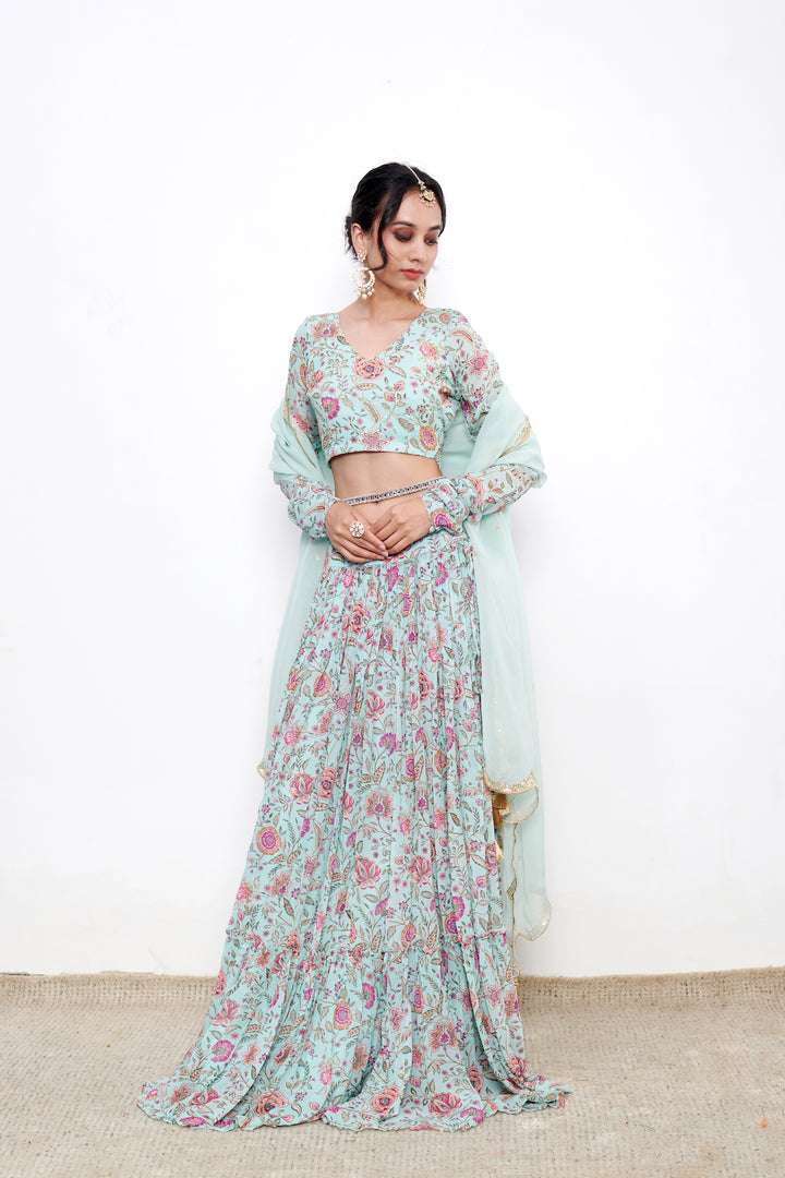 Raag Aqua Blue Floral print Lehenga with Floral print Blouse and Dupatta - Set of 3