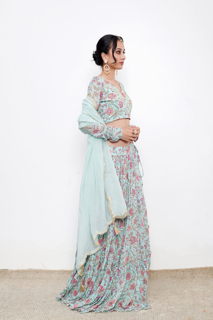 Raag Aqua Blue Floral print Lehenga with Floral print Blouse and Dupatta - Set of 3