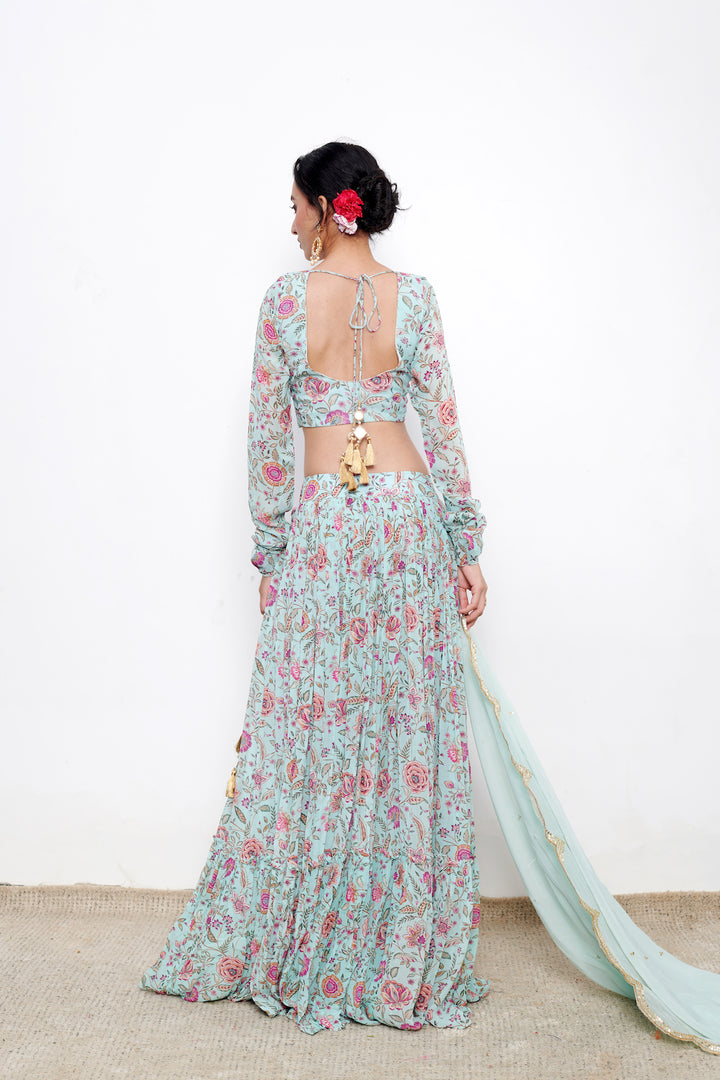 Raag Aqua Blue Floral print Lehenga with Floral print Blouse and Dupatta - Set of 3