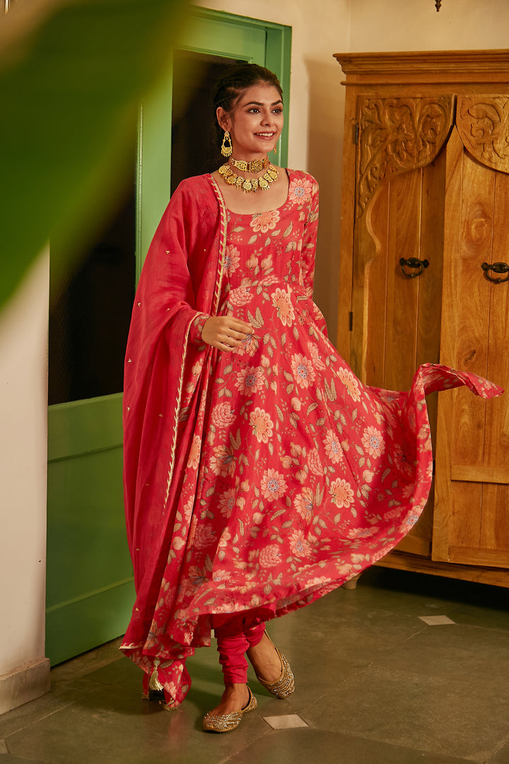 Hot Pink printed Anarkali with Chooridar and Dupatta- set of 3