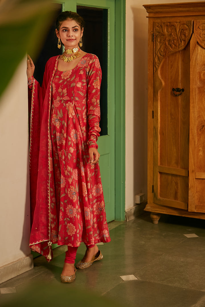 Hot Pink printed Anarkali with Chooridar and Dupatta- set of 3