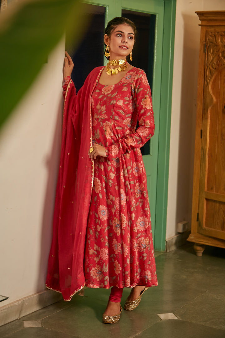 Hot Pink printed Anarkali with Chooridar and Dupatta- set of 3