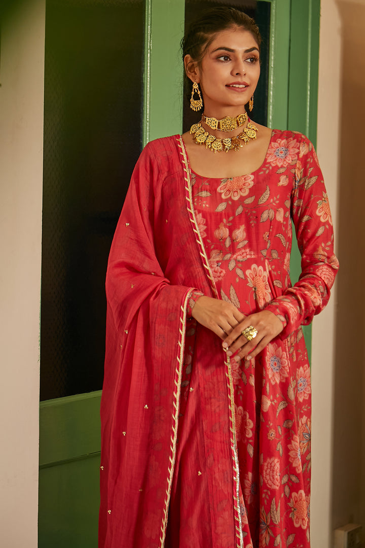 Hot Pink printed Anarkali with Chooridar and Dupatta- set of 3