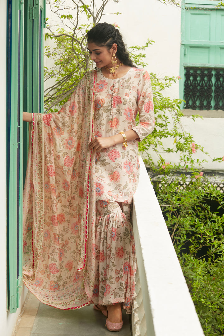 Daisy White Printed Short kurta with Sharara and Dupatta- Set of 3