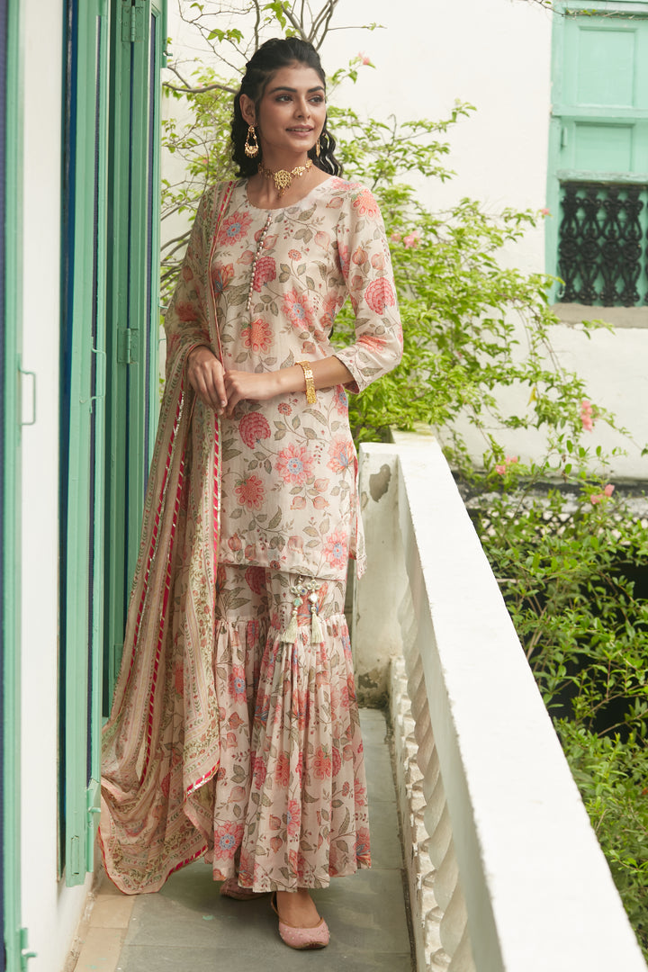 Daisy White Printed Short kurta with Sharara and Dupatta- Set of 3