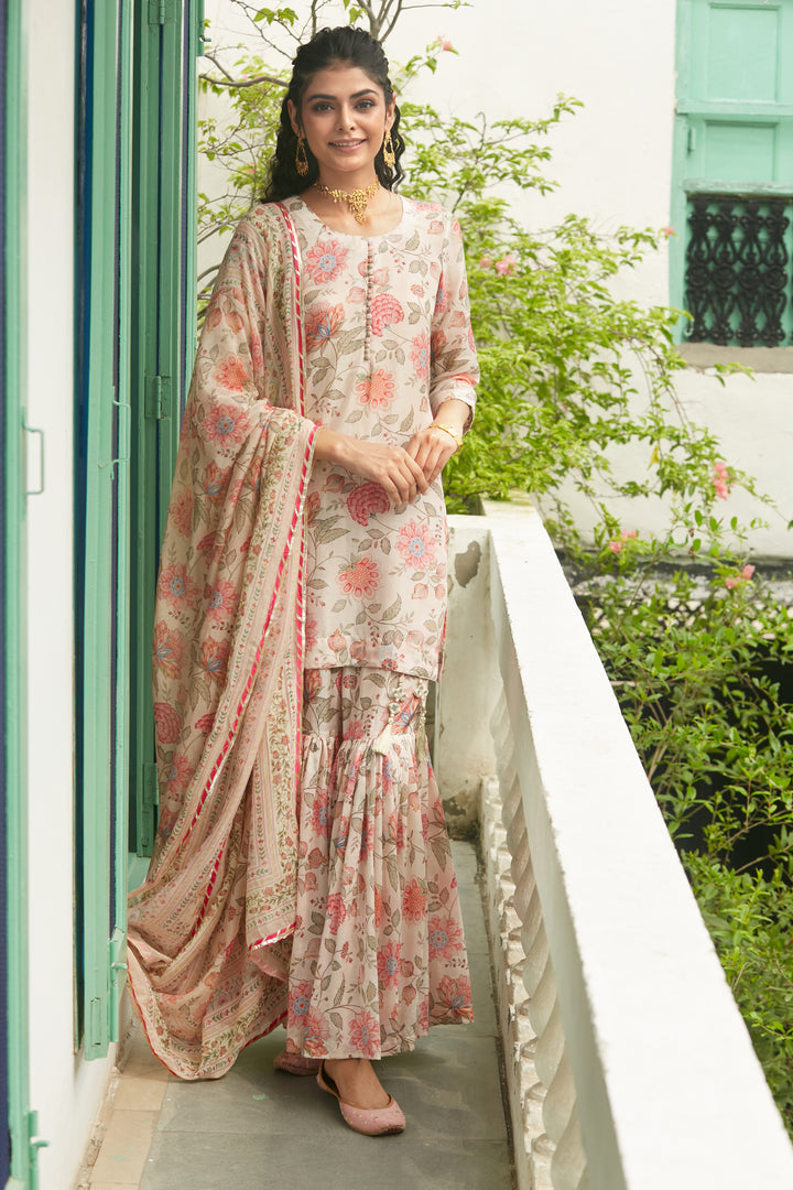 Daisy White Printed Short kurta with Sharara and Dupatta- Set of 3