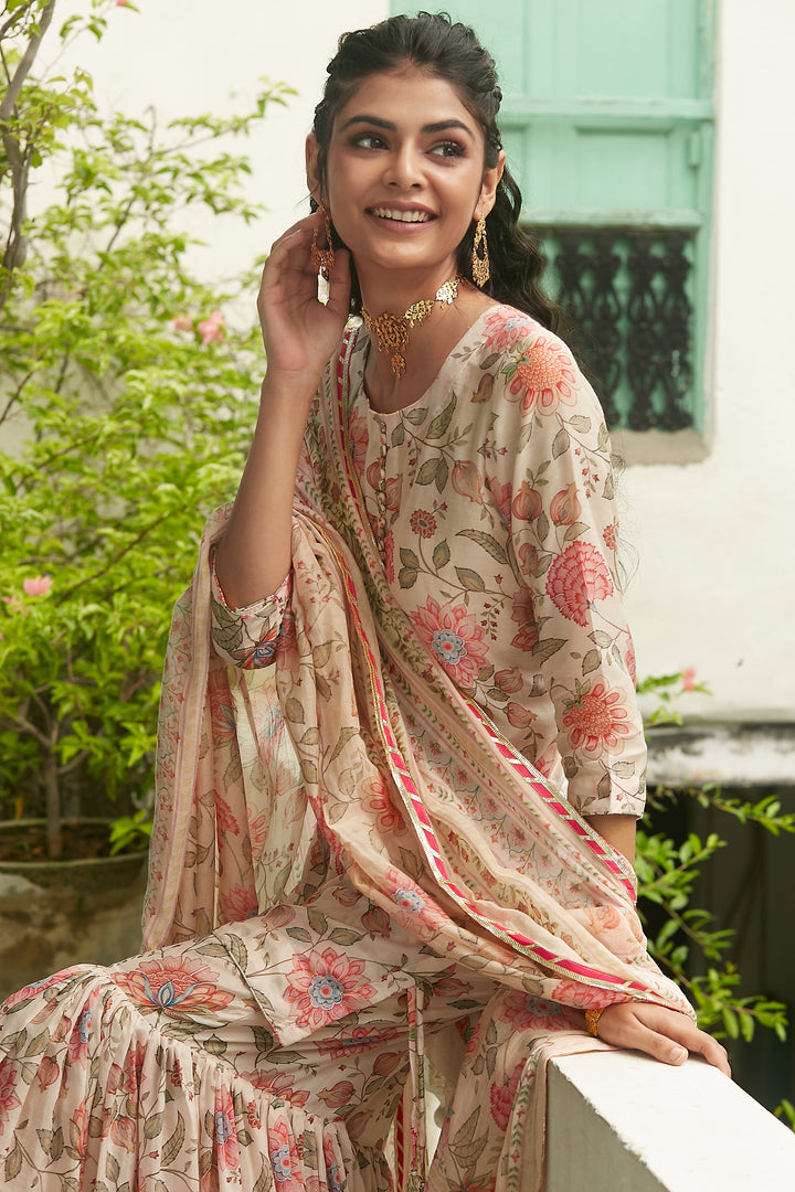 Daisy White Printed Short kurta with Sharara and Dupatta- Set of 3