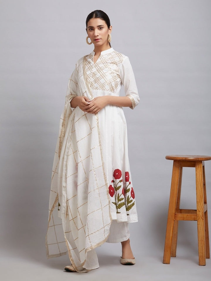 Off White and Red Gota Hand Block Printed Cotton Kalidar Kurta with Palazzo and Chanderi Dupatta- Set of 3