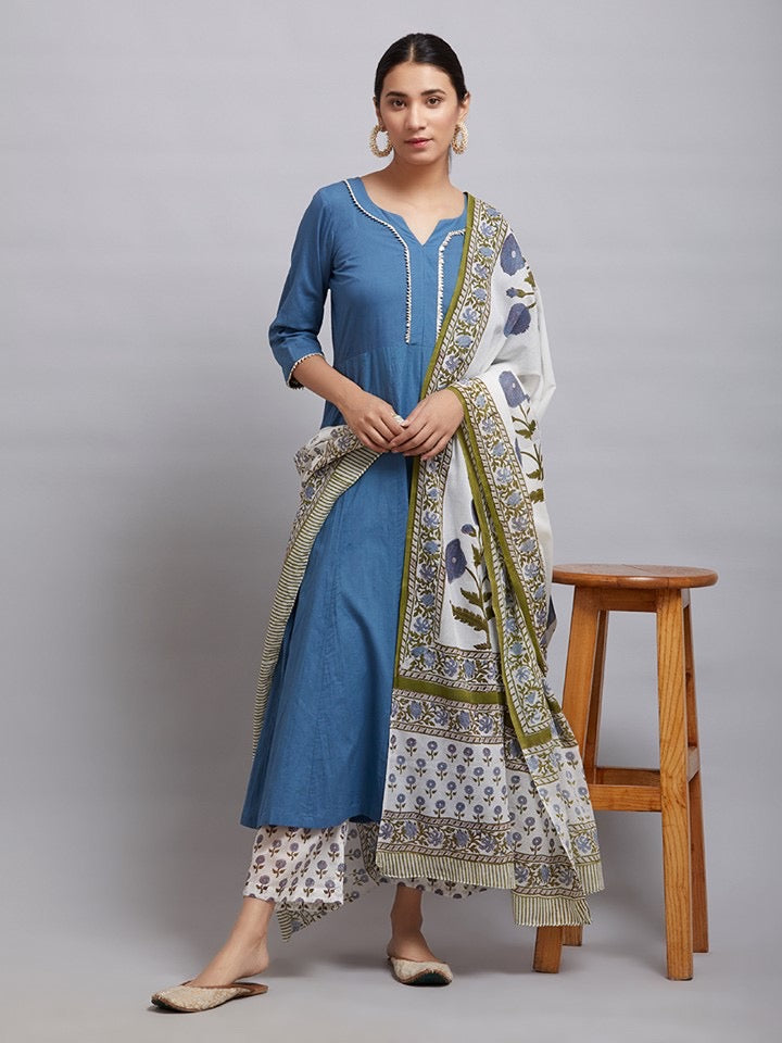 Blue Cotton Kalidar Gota Kurta with Off White Hand Block Printed Palazzo and Mulmul Dupatta- Set of 3