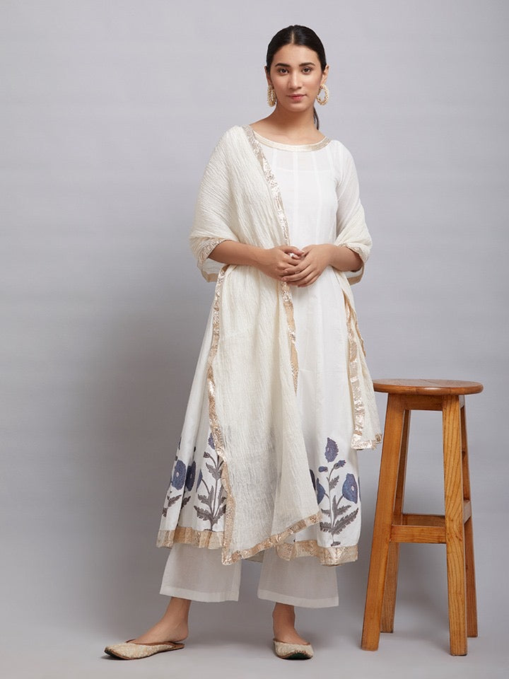 Off White Blue Hand Block Printed Cotton Anarkali Kurta with Palazzo and Chanderi Crushed Dupatta- Set of 3