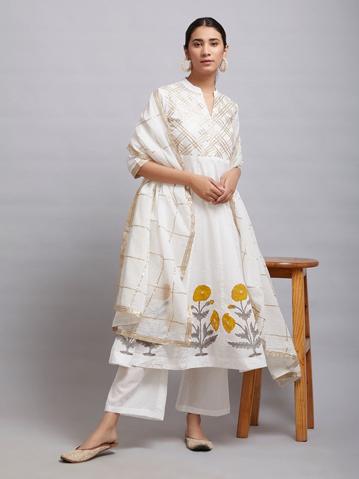 Off White and Yellow Gota Hand Block Printed Cotton Kalidar Kurta with Palazzo and Chanderi Dupatta- Set of 3