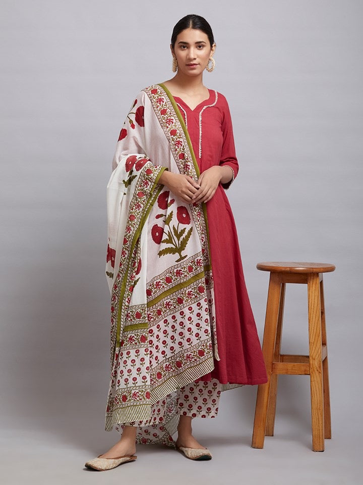 Red Cotton Kalidar Gota Kurta with Off White Hand Block Printed Palazzo and Mulmul Dupatta- Set of 3