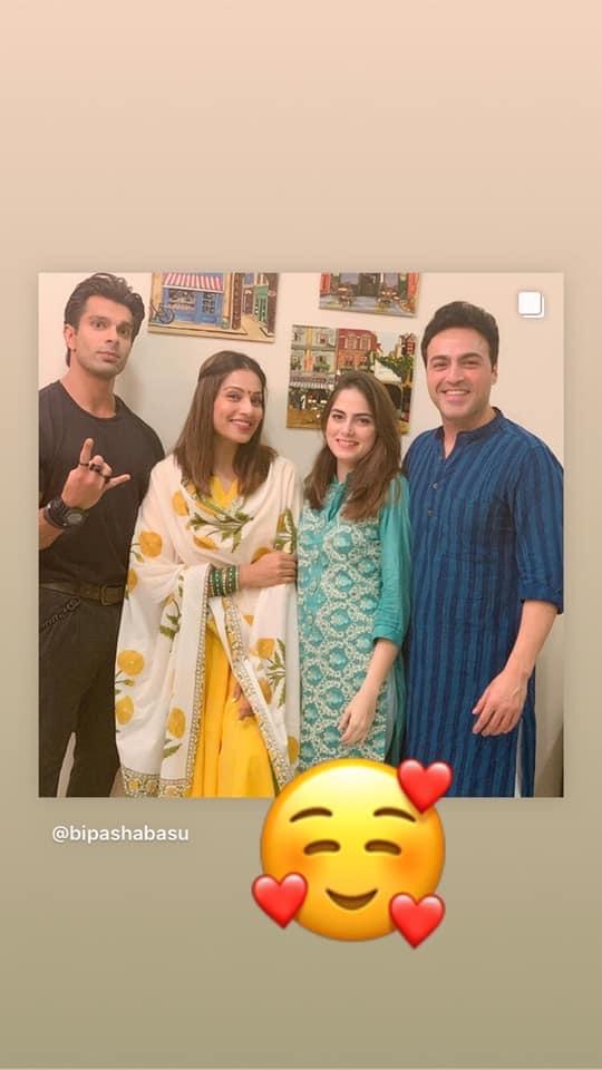 Bipasha Basu in Yellow Cotton Kalidar Gota Kurta with Off White Hand Block Printed Palazzo and Mulmul Dupatta- Set of 3