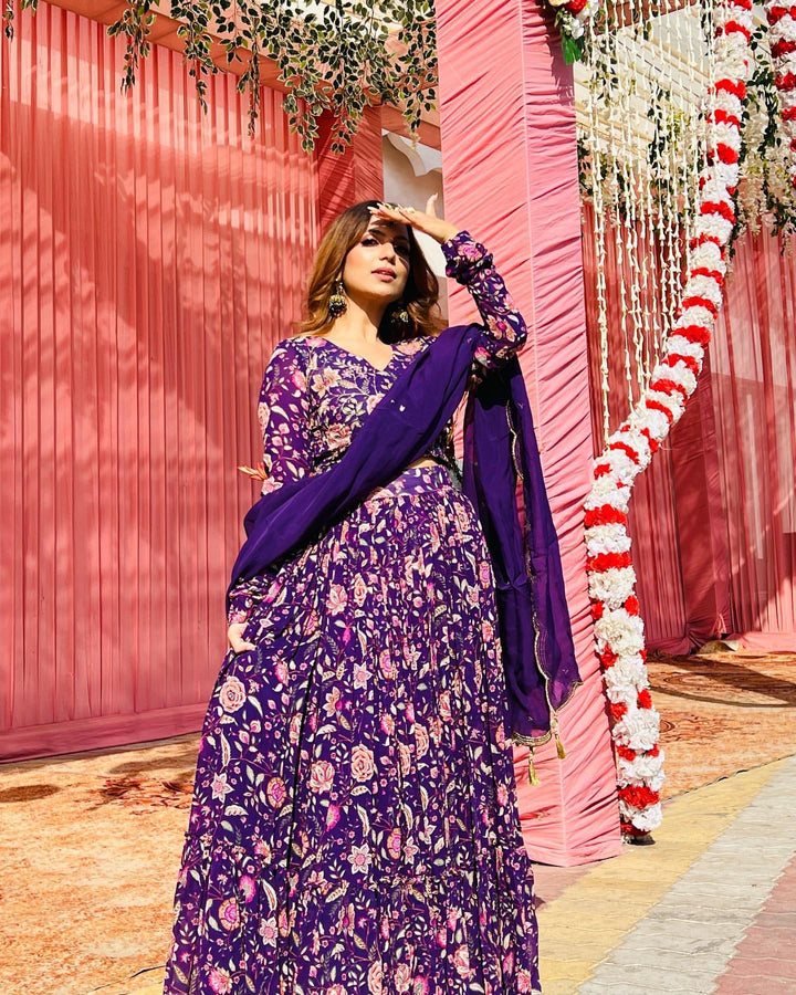 Swati in Raag Purple Floral print Lehenga with Floral print Blouse and Dupatta - Set of 3