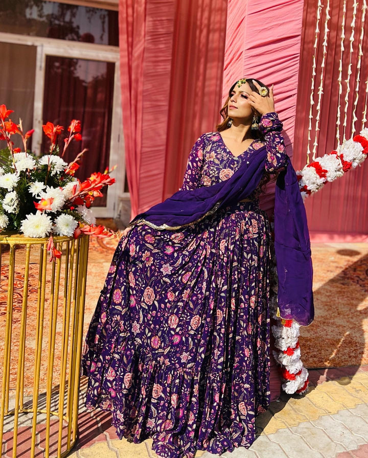 Swati in Raag Purple Floral print Lehenga with Floral print Blouse and Dupatta - Set of 3