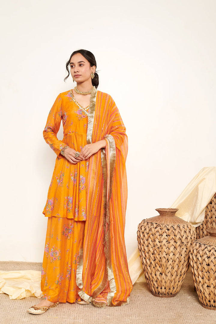 Orange printed Angrakha with Sharara and Dupatta- Set of 3