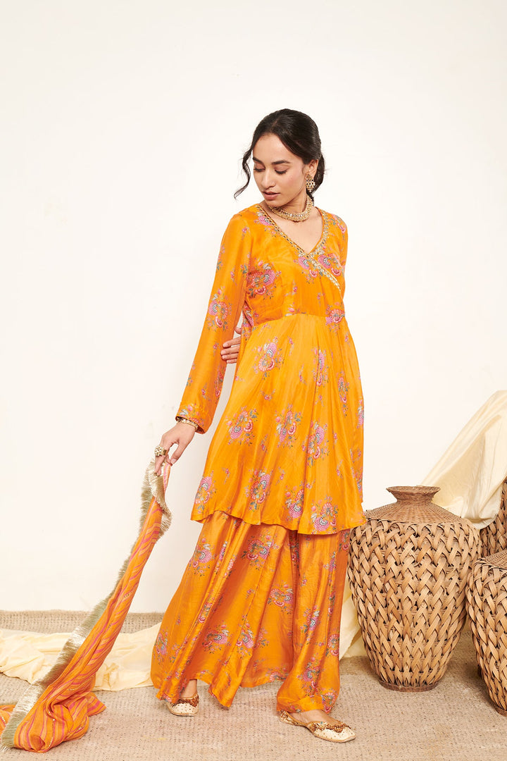 Orange printed Angrakha with Sharara and Dupatta- Set of 3