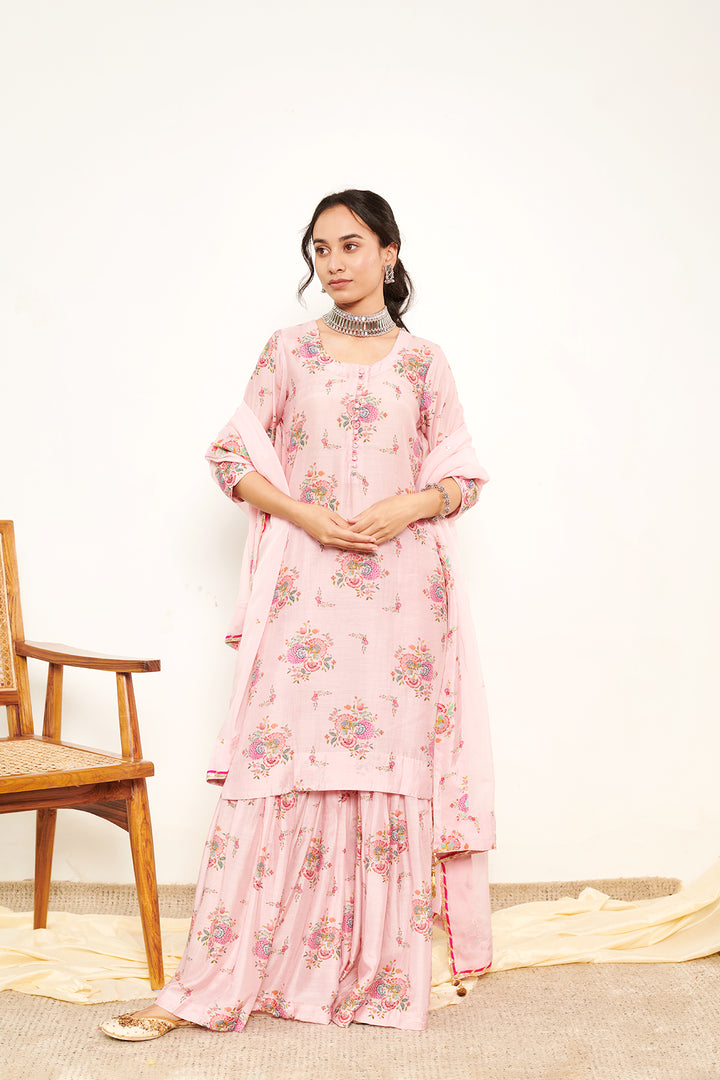 Bahaar Pink Printed Short kurta with Sharara and Dupatta- Set of 3