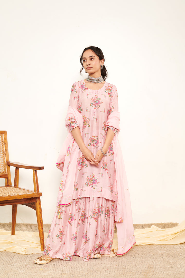 Bahaar Pink Printed Short kurta with Sharara and Dupatta- Set of 3
