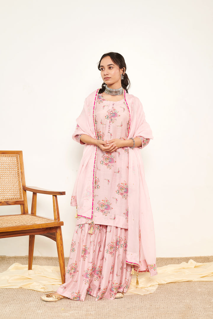 Bahaar Pink Printed Short kurta with Sharara and Dupatta- Set of 3