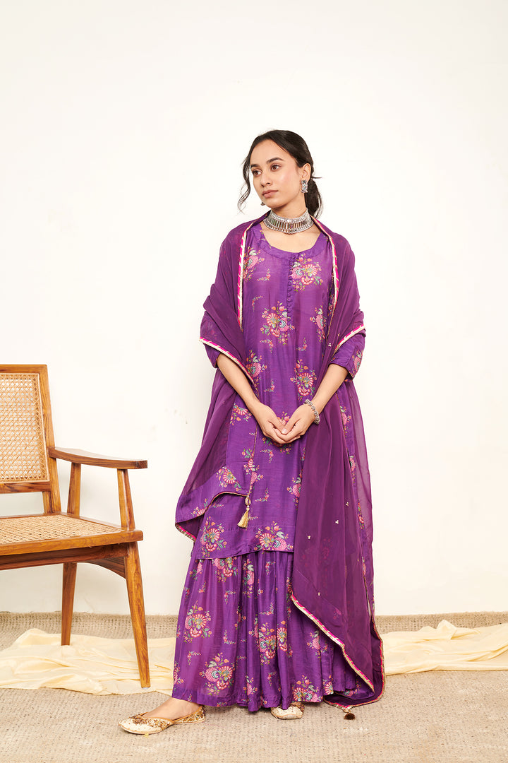 Bahaar Purple Printed Short kurta with Sharara and Dupatta- Set of 3