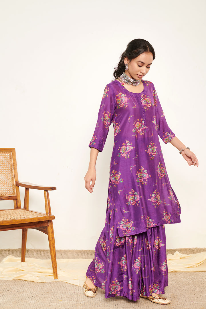 Bahaar Purple Printed Short kurta with Sharara and Dupatta- Set of 3