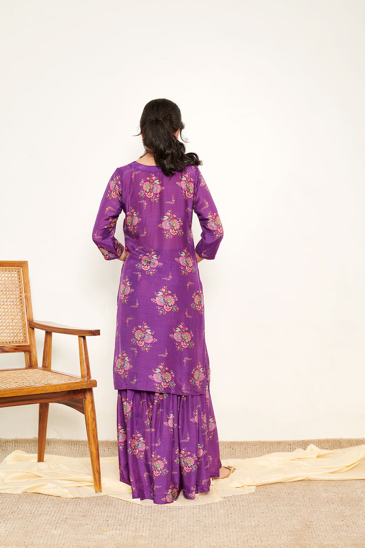 Bahaar Purple Printed Short kurta with Sharara and Dupatta- Set of 3
