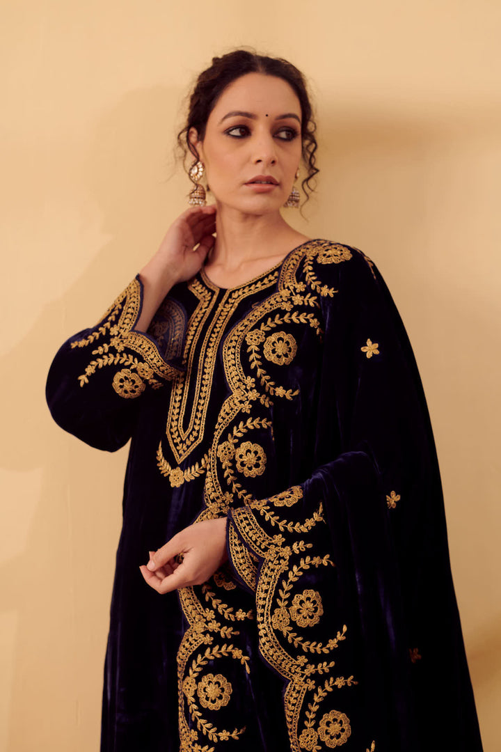Naveli Navy Blue Zari Embroidered Kurta set