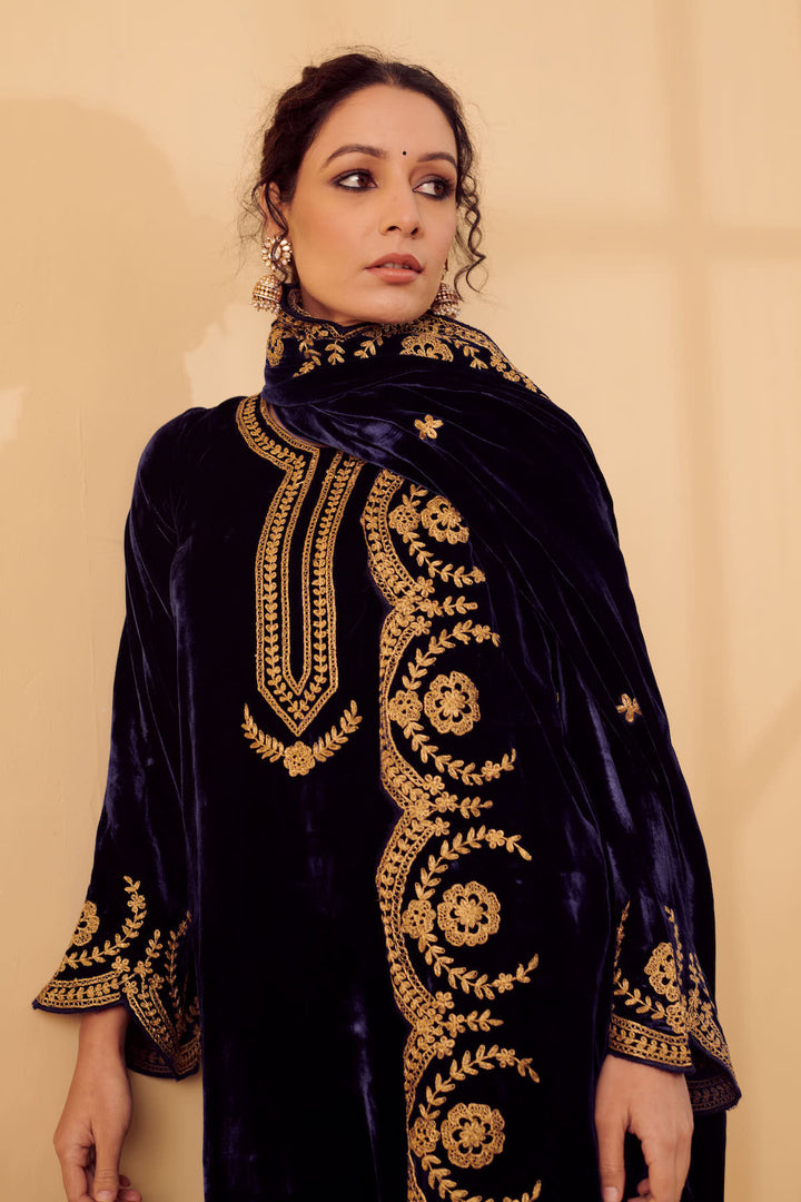 Naveli Navy Blue Zari Embroidered Kurta set