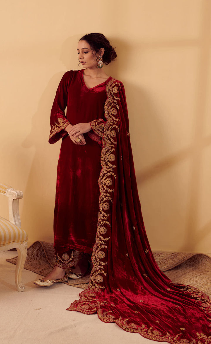 Naveli Deep Red Zari Embroidered Kurta with Salwar set