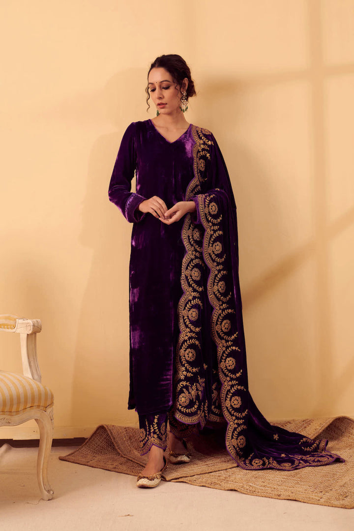 Naveli Purple Zari Embroidered Kurta with Salwar set