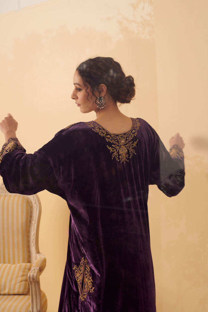 Naveli Purple Velvet Kurta with Velvet Printed Salwar - set of 2