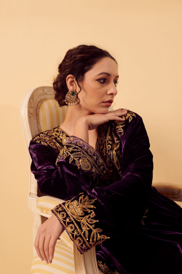 Naveli Purple Velvet Kurta with Velvet Printed Salwar - set of 2