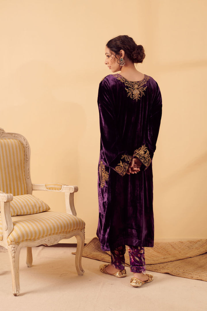 Naveli Purple Velvet Kurta with Velvet Printed Salwar - set of 2