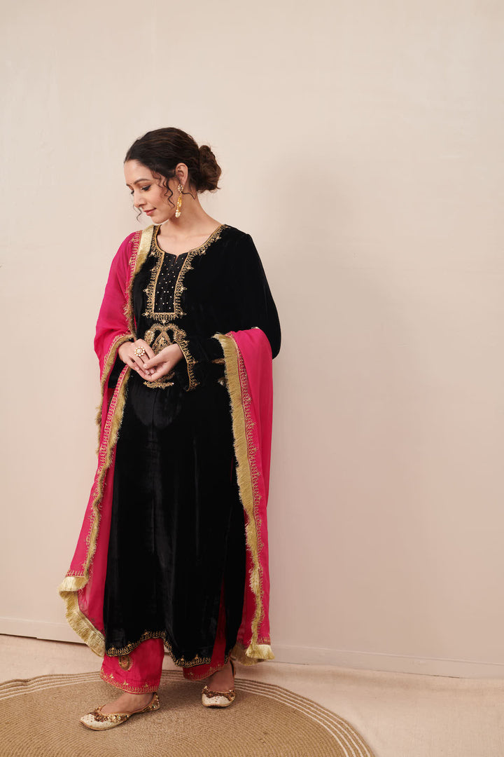 Naveli Black Zari Embroidered Kurta with Rani Pink Palazzo and Dupatta - Set of 3