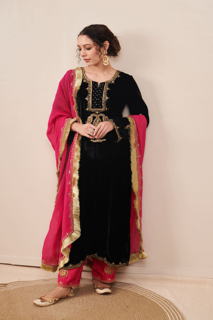 Naveli Black Zari Embroidered Kurta with Rani Pink Palazzo and Dupatta - Set of 3