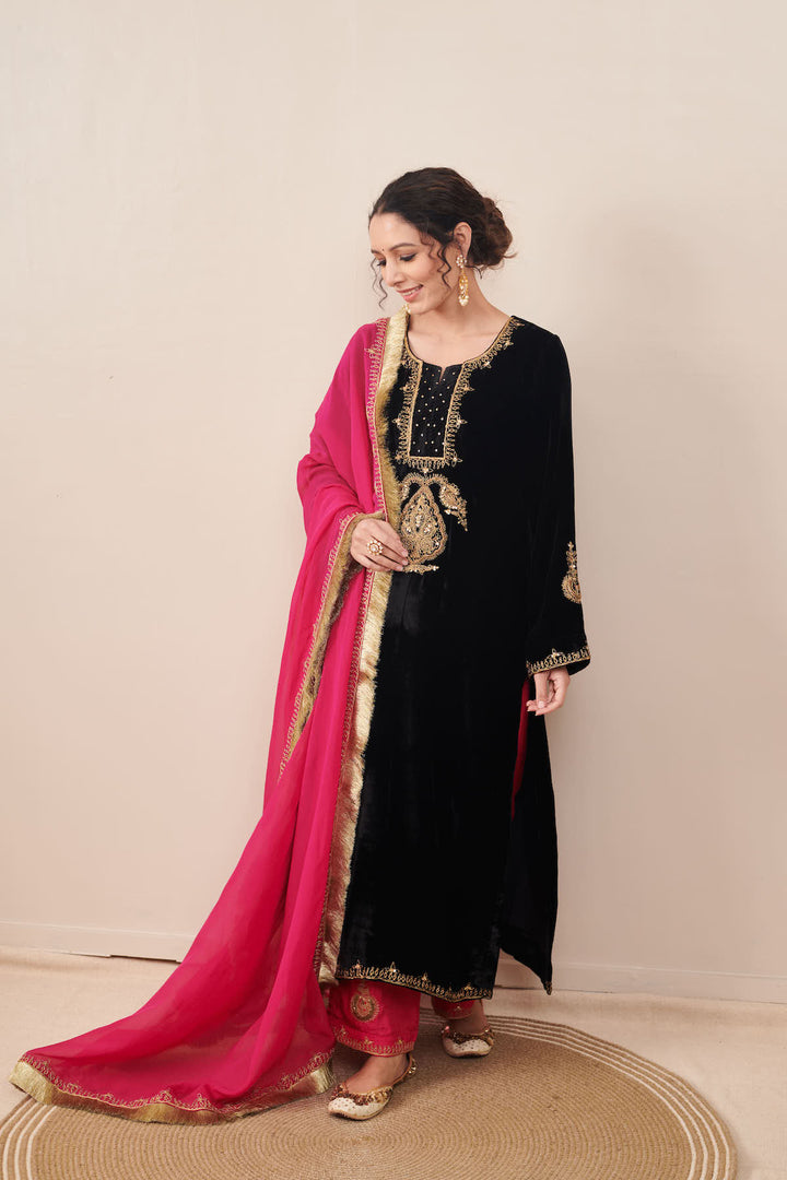 Naveli Black Zari Embroidered Kurta with Rani Pink Palazzo and Dupatta - Set of 3