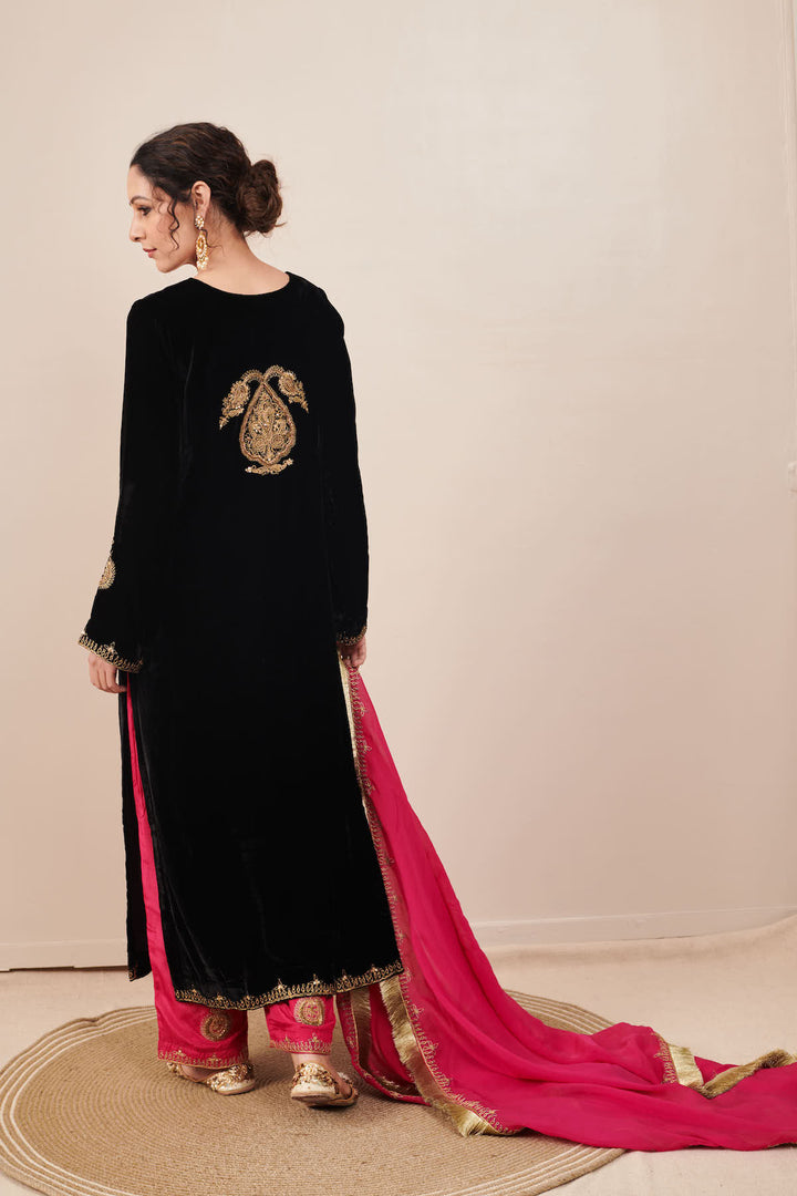 Naveli Black Zari Embroidered Kurta with Rani Pink Palazzo and Dupatta - Set of 3