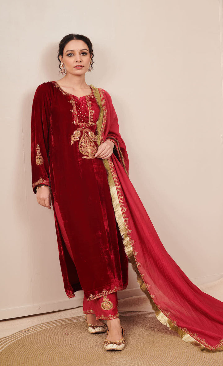 Naveli Deep Red Zari Embroidered Kurta Palazzo set with Dupatta - Set of 3