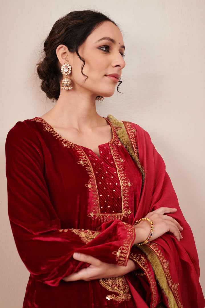 Naveli Deep Red Zari Embroidered Kurta Palazzo set with Dupatta - Set of 3