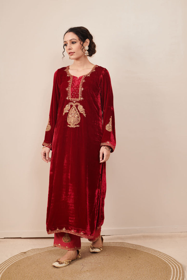 Naveli Deep Red Zari Embroidered Kurta Palazzo set with Dupatta - Set of 3