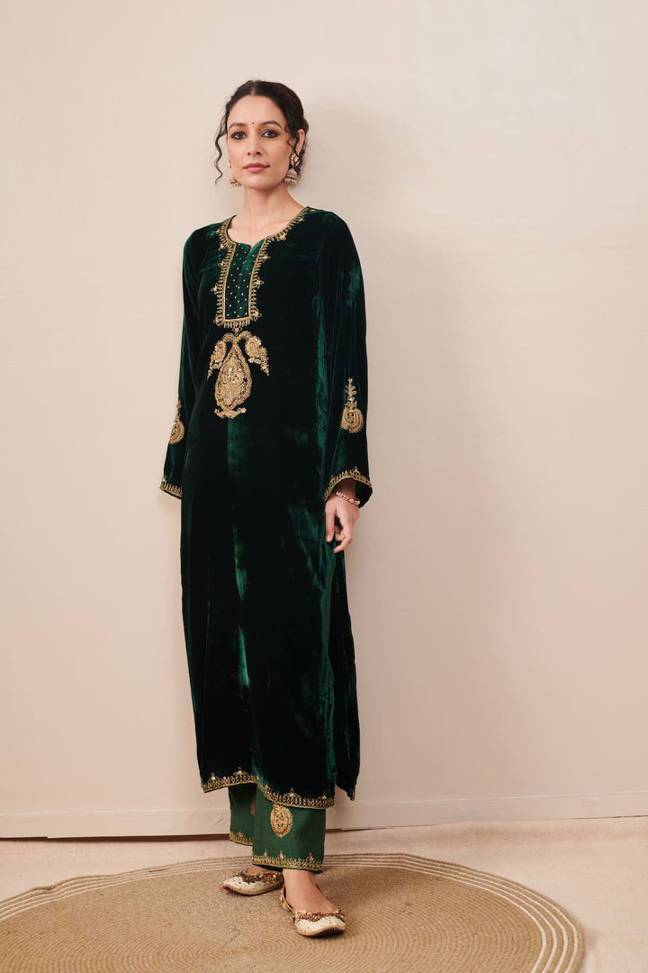 Naveli Green Zari Embroidered Kurta Palazzo set with Dupatta - Set of 3