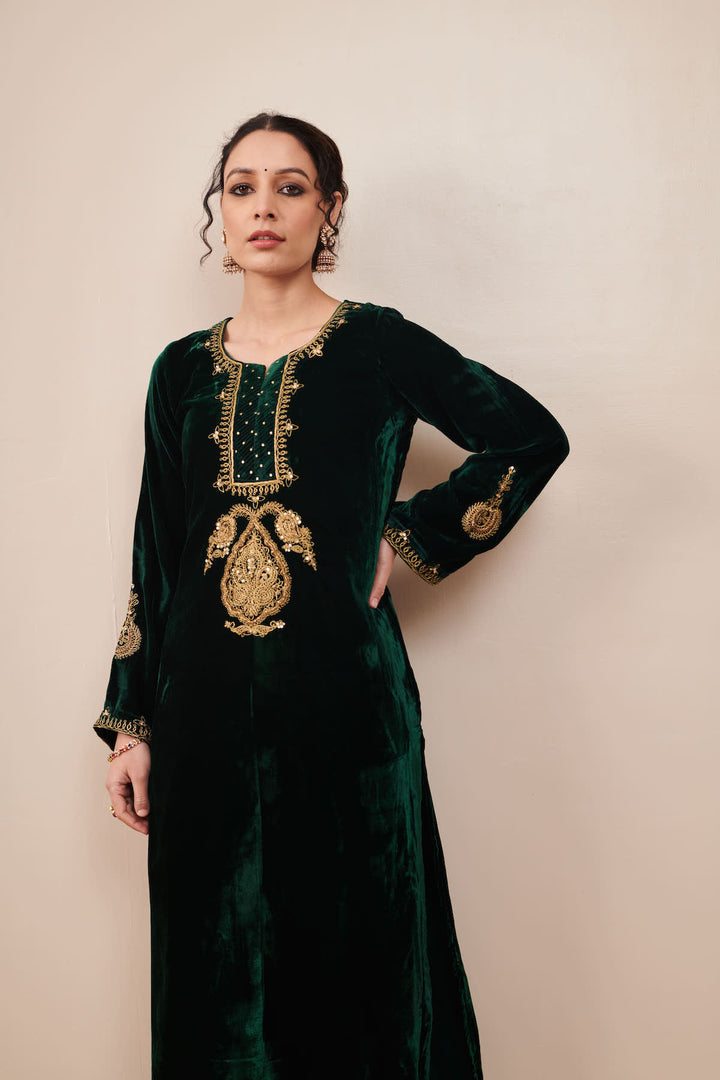 Naveli Green Zari Embroidered Kurta Palazzo set with Dupatta - Set of 3